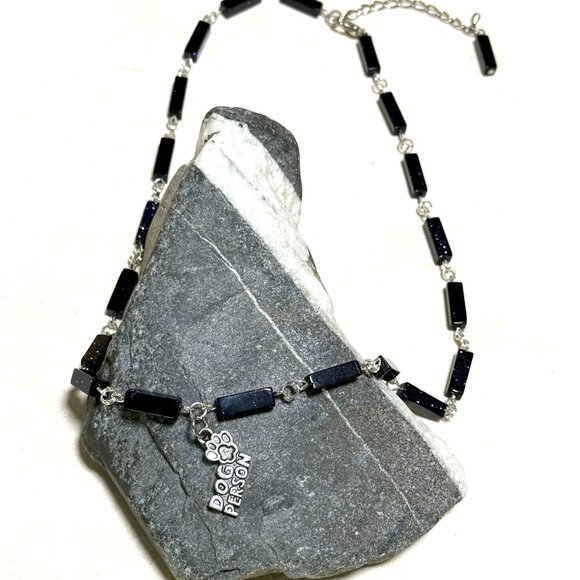 Dark Blue Goldstone Short Necklace w/ Silver Dog Person Paw Print Charm - Picture 4 of 14